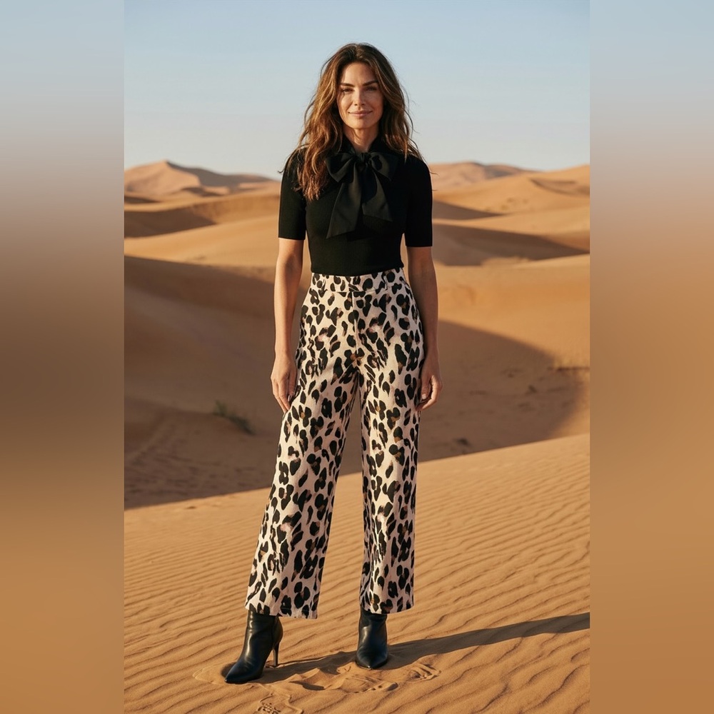 Fashion Nova Black and Cream Leopard Wide-Leg Pants